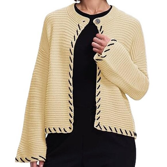 Women's Cropped Cardigan Sweater Bell Sleeve Chunky Open Front Apricot Size XL - Picture 2 of 5